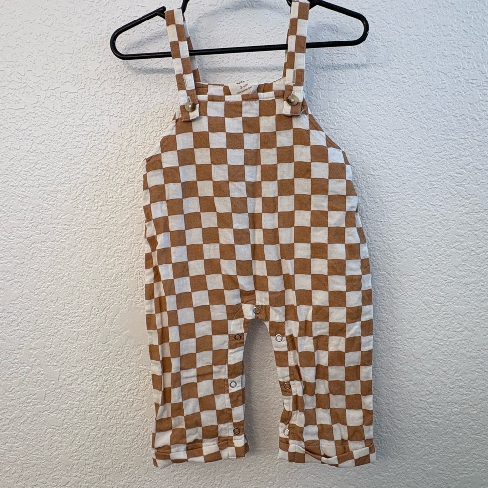 Kids Checkered Overalls - Brown and White